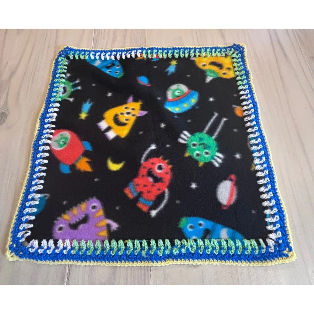 Handmade Space Monsters‎ Fleece Security Blanket Crochet Trim Black 20x20 Lovey